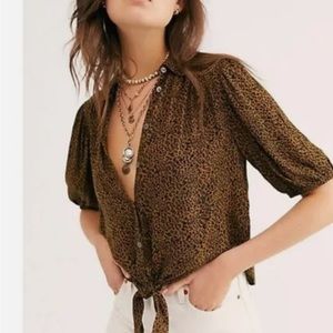 New Free People Celia Leopard Animal Print Button Down Tue Front Top XS.